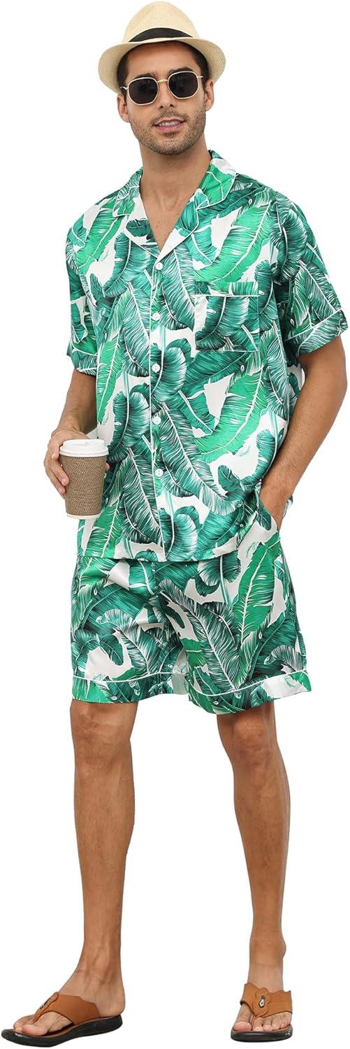 imageSWOMOG Men Satin Silk Pajamas Sets Short Sleeve Sleepwear ButtonDown PJs Sets TwoPieces Loungewear with PocketsWhite Leave