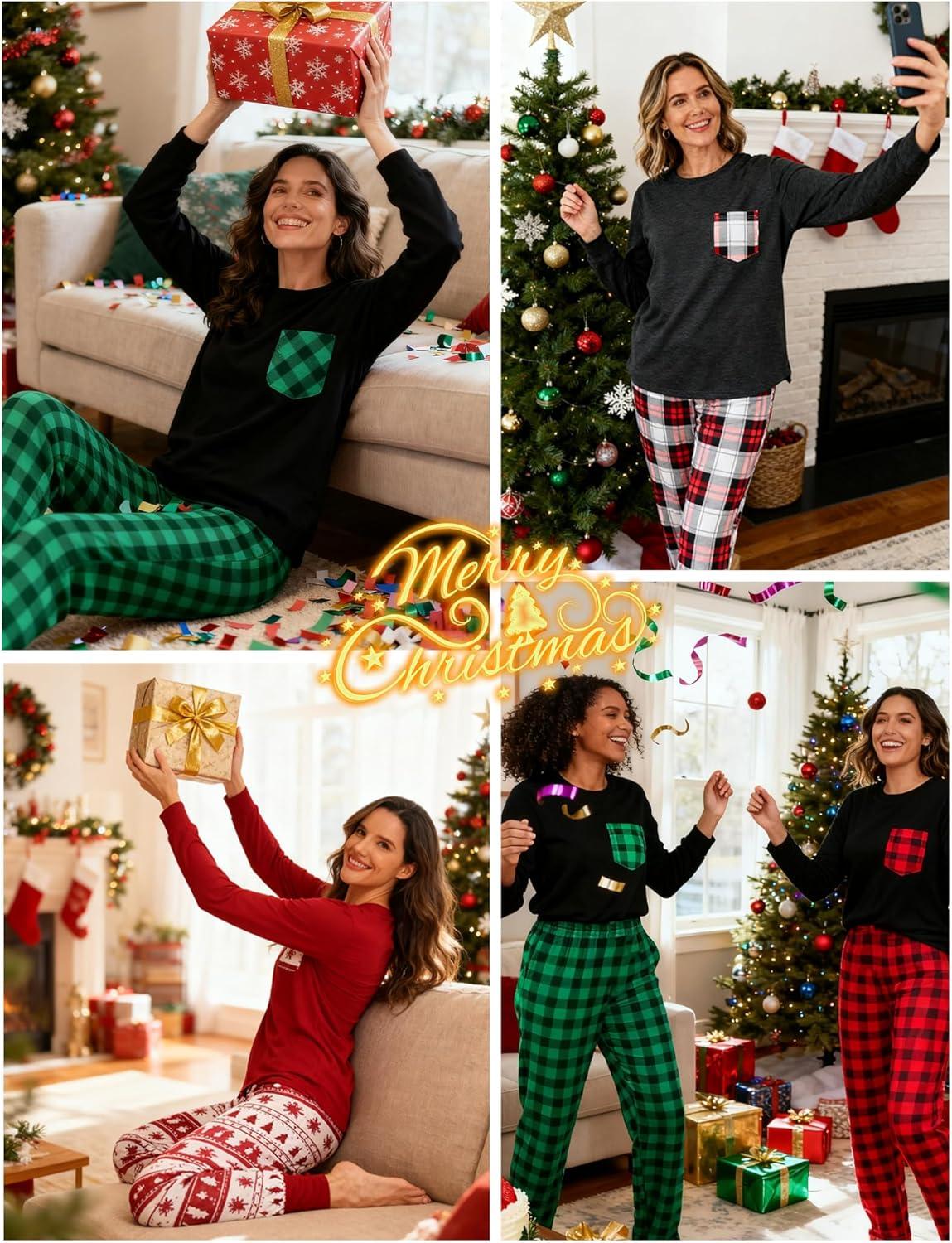 imageSWOMOG Women Christmas Pajamas Sets Buffalo Plaid Pajama Pants with Pockets Long Sleeve Tops Loungewear SetBlack Green Plaid