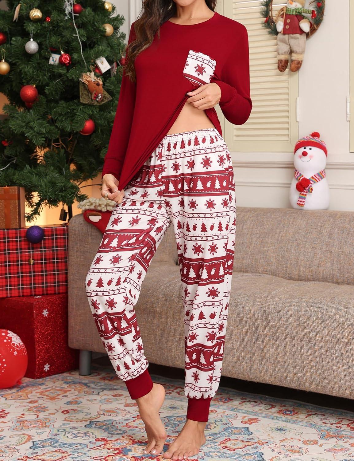 imageSWOMOG Women Christmas Pajamas Sets Buffalo Plaid Pajama Pants with Pockets Long Sleeve Tops Loungewear SetWine Red Tree