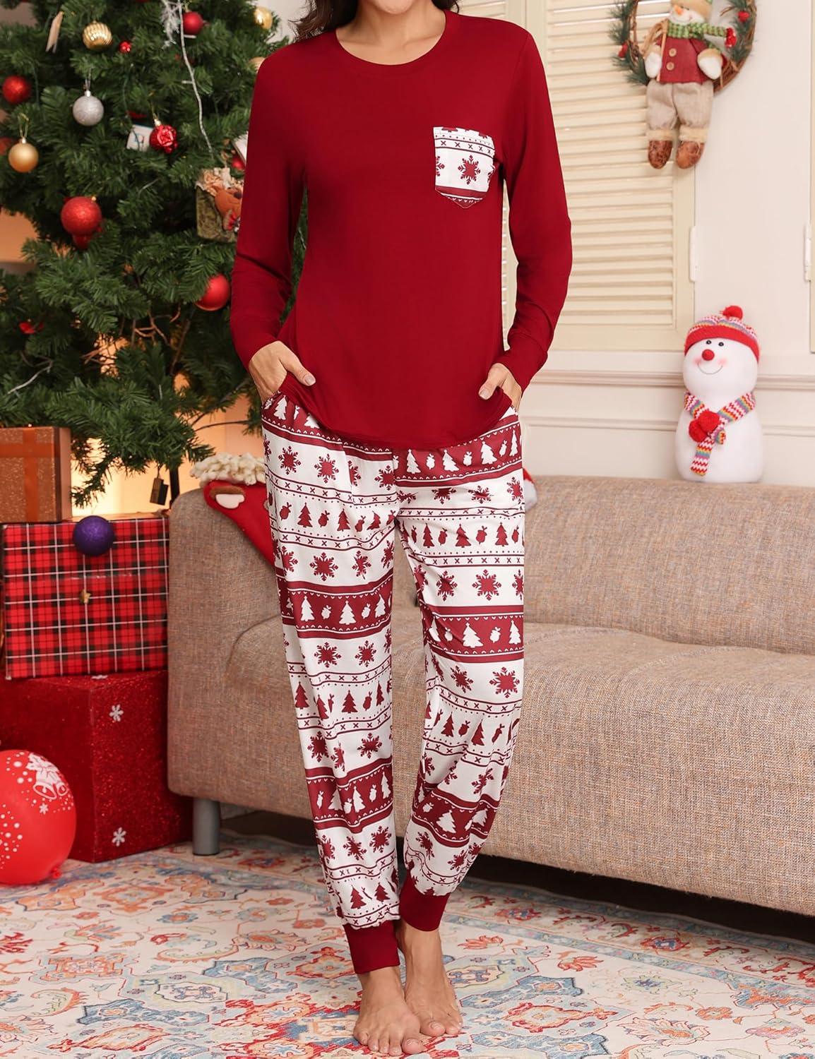 imageSWOMOG Women Christmas Pajamas Sets Buffalo Plaid Pajama Pants with Pockets Long Sleeve Tops Loungewear SetWine Red Tree
