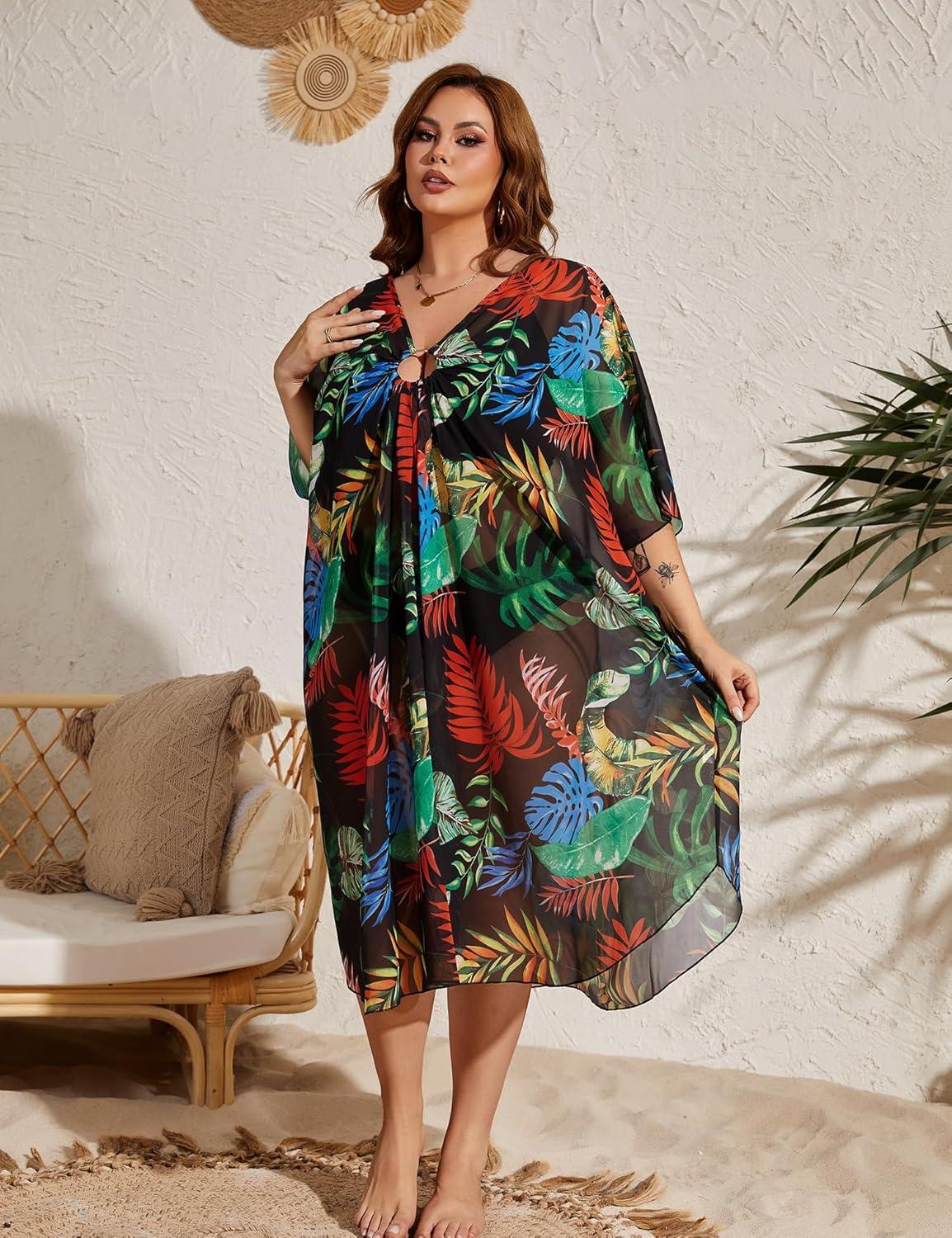 imageSWOMOG Women Plus Size Swimsuit Cover Up Sexy V Neck Bathing Suit Keyhole Swimwear Bikini Coverup Chiffon Summer BeachwearBlack Leaf