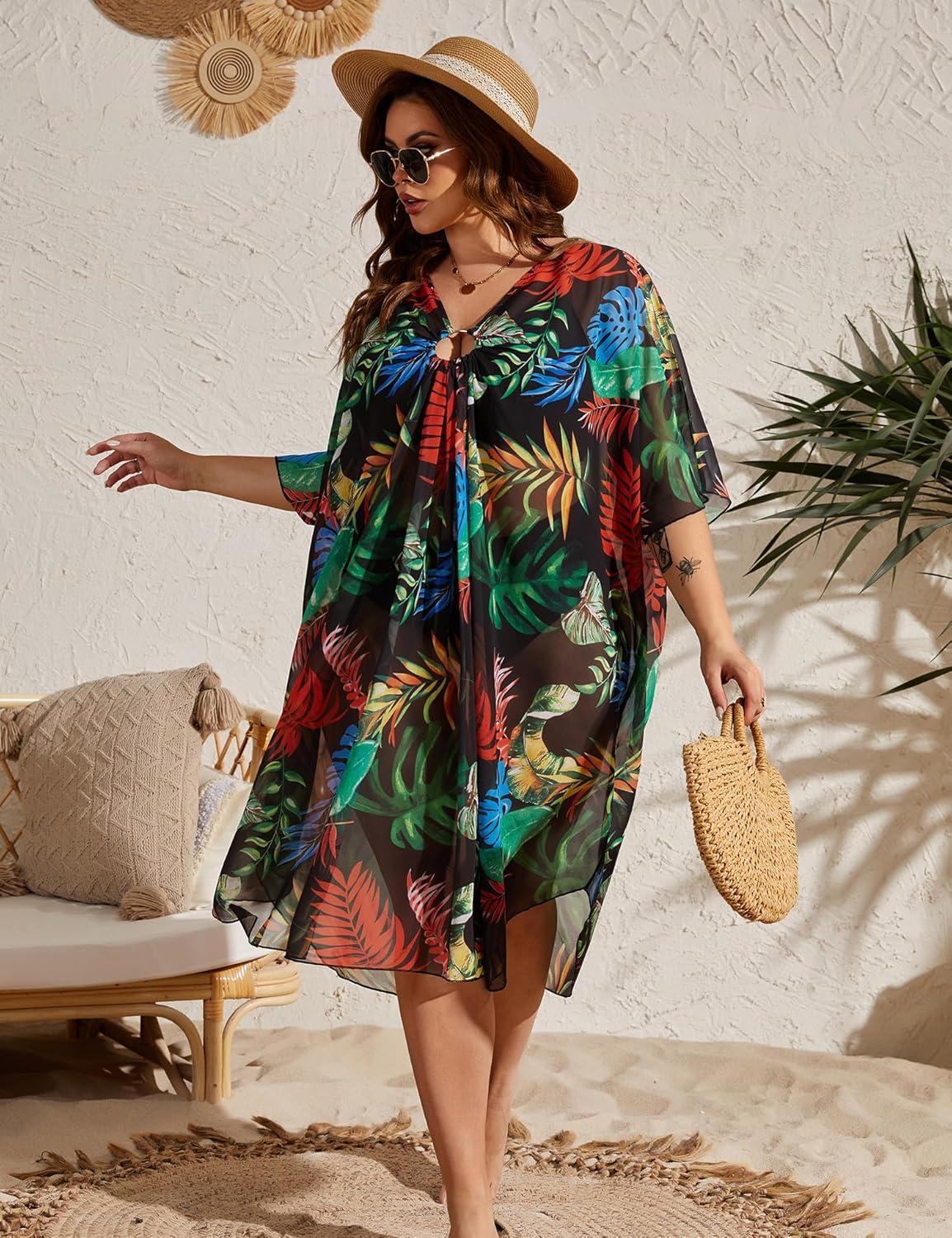 imageSWOMOG Women Plus Size Swimsuit Cover Up Sexy V Neck Bathing Suit Keyhole Swimwear Bikini Coverup Chiffon Summer BeachwearBlack Leaf