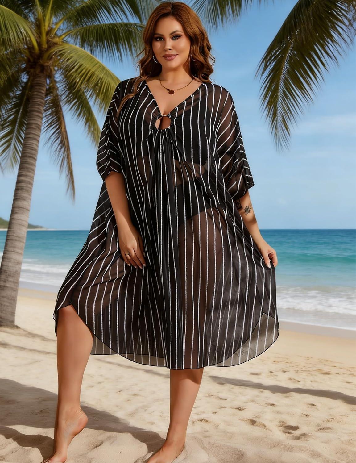 imageSWOMOG Women Plus Size Swimsuit Cover Up Sexy V Neck Bathing Suit Keyhole Swimwear Bikini Coverup Chiffon Summer BeachwearBlack Stripe