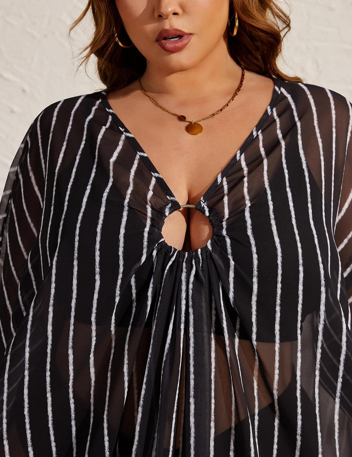imageSWOMOG Women Plus Size Swimsuit Cover Up Sexy V Neck Bathing Suit Keyhole Swimwear Bikini Coverup Chiffon Summer BeachwearBlack Stripe