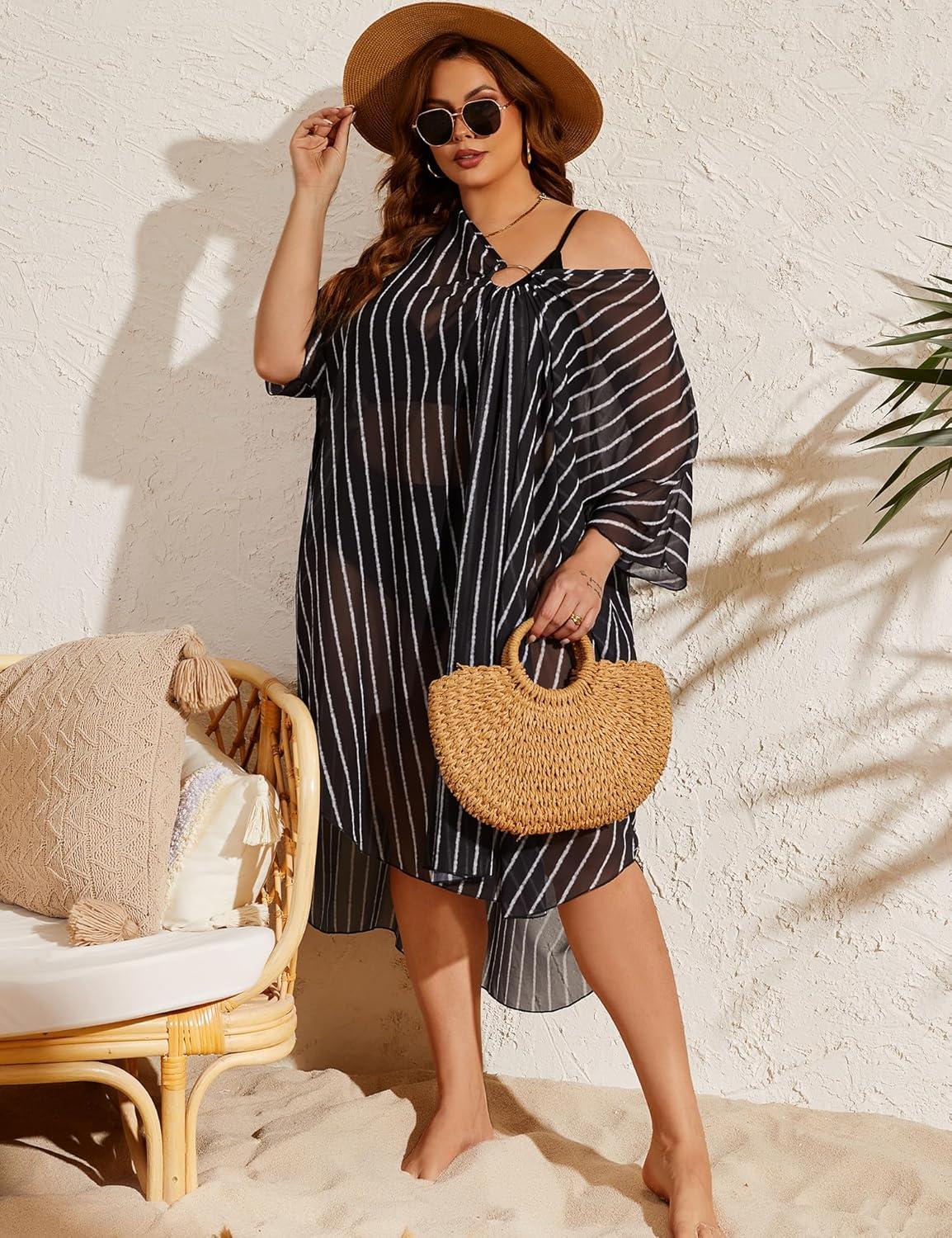 imageSWOMOG Women Plus Size Swimsuit Cover Up Sexy V Neck Bathing Suit Keyhole Swimwear Bikini Coverup Chiffon Summer BeachwearBlack Stripe