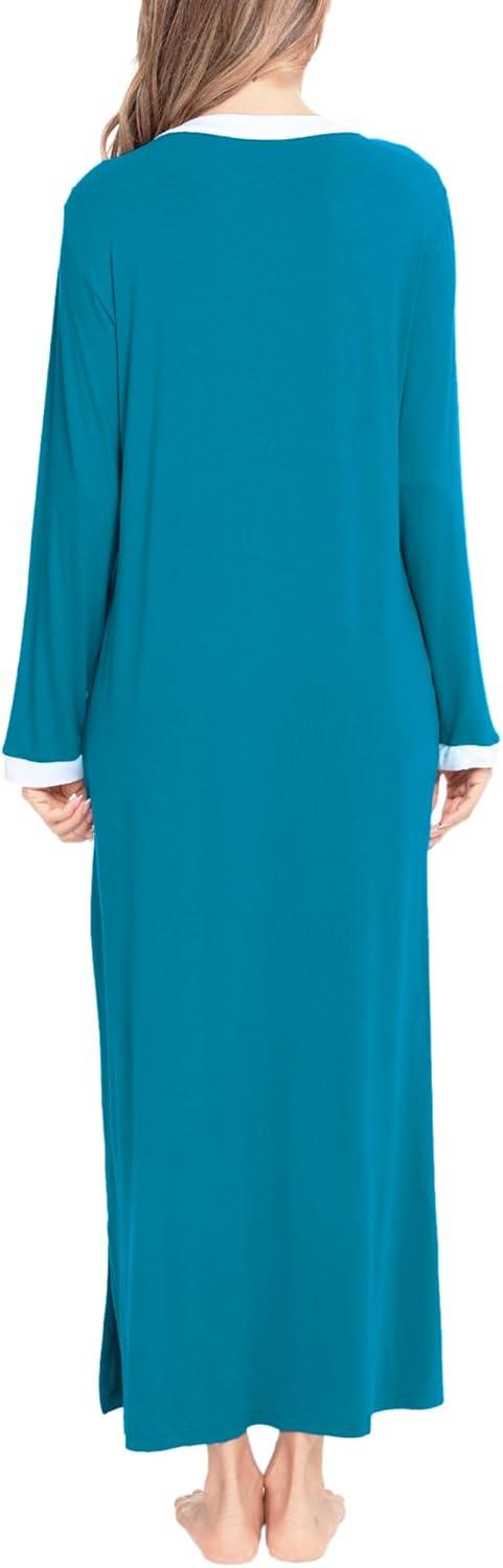 imageSWOMOG Womens Nightgown Long Sleeve Sleep Shirts Oversized Sleep Dress Long Soft Housecoat With PocketsPeacock Blue