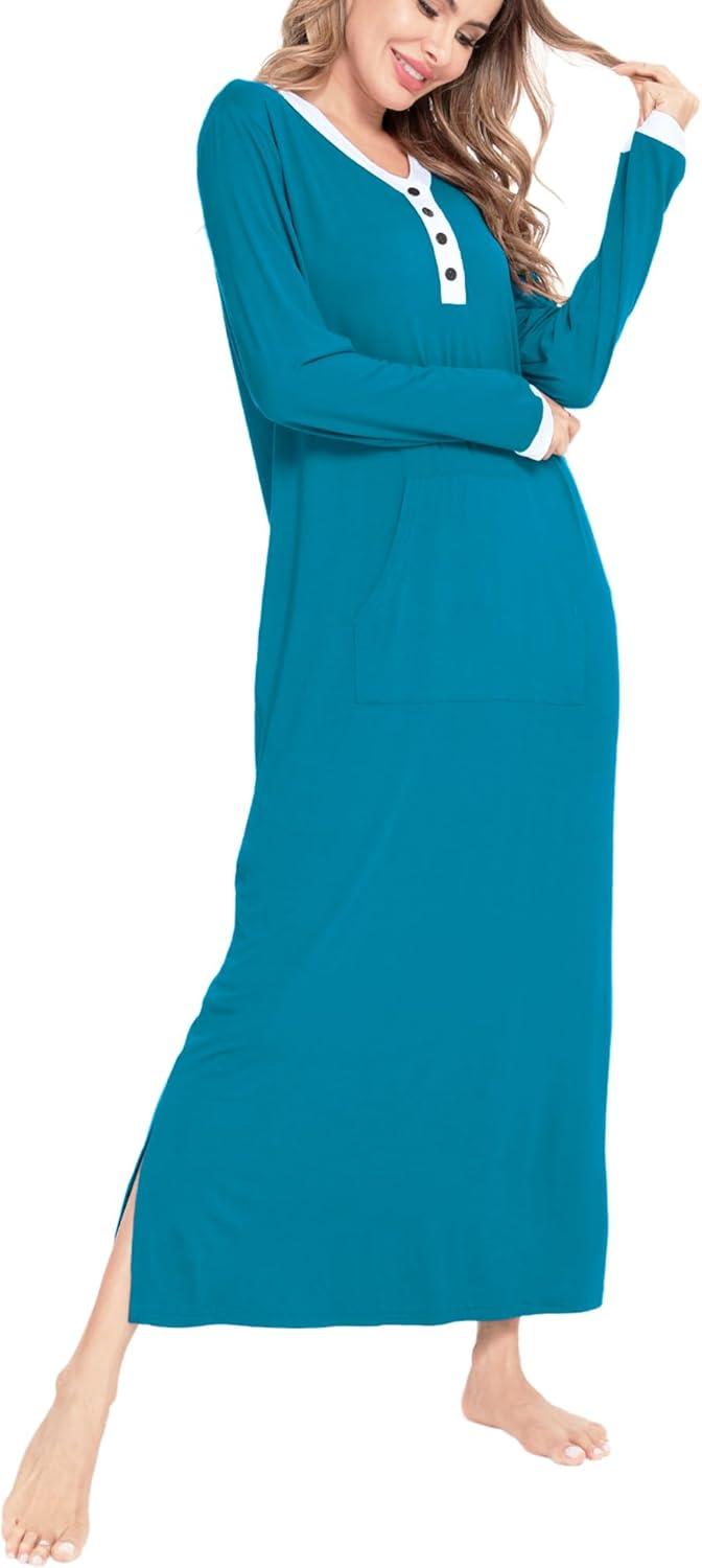imageSWOMOG Womens Nightgown Long Sleeve Sleep Shirts Oversized Sleep Dress Long Soft Housecoat With PocketsPeacock Blue