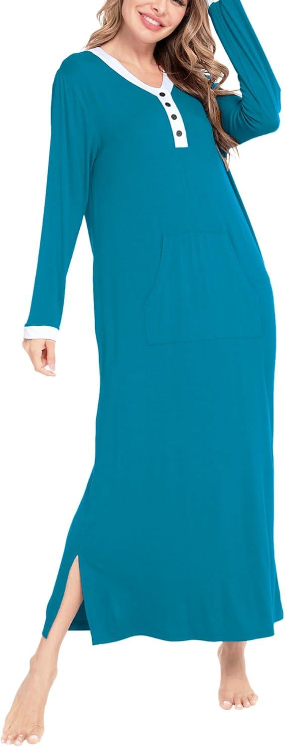 imageSWOMOG Womens Nightgown Long Sleeve Sleep Shirts Oversized Sleep Dress Long Soft Housecoat With PocketsPeacock Blue