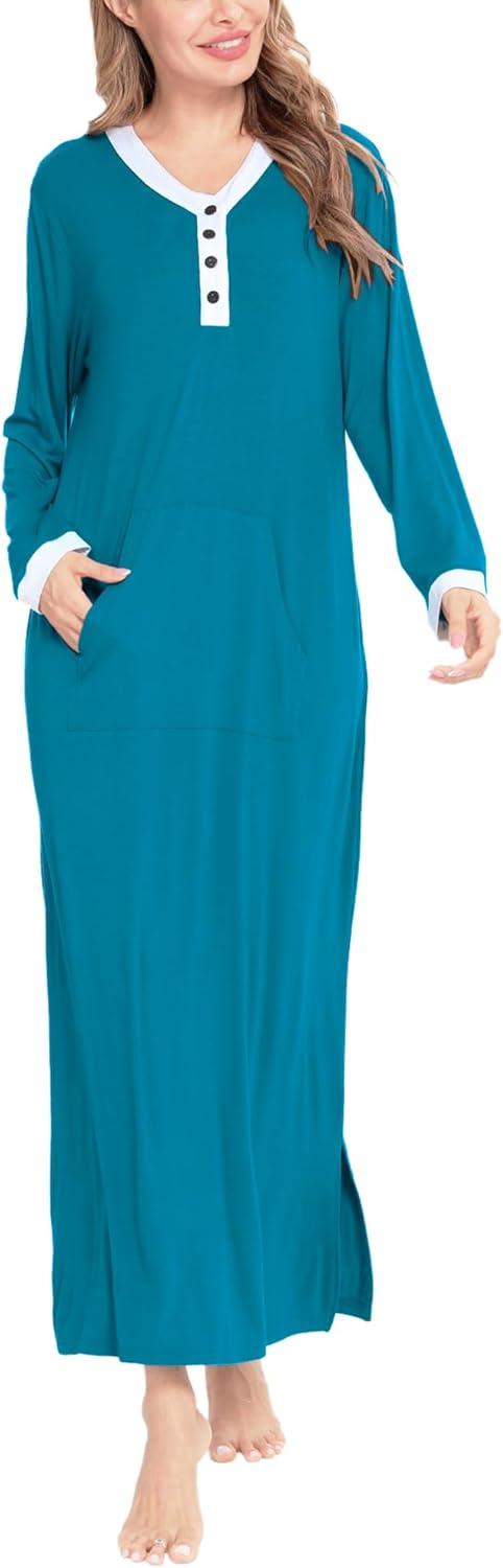imageSWOMOG Womens Nightgown Long Sleeve Sleep Shirts Oversized Sleep Dress Long Soft Housecoat With PocketsPeacock Blue