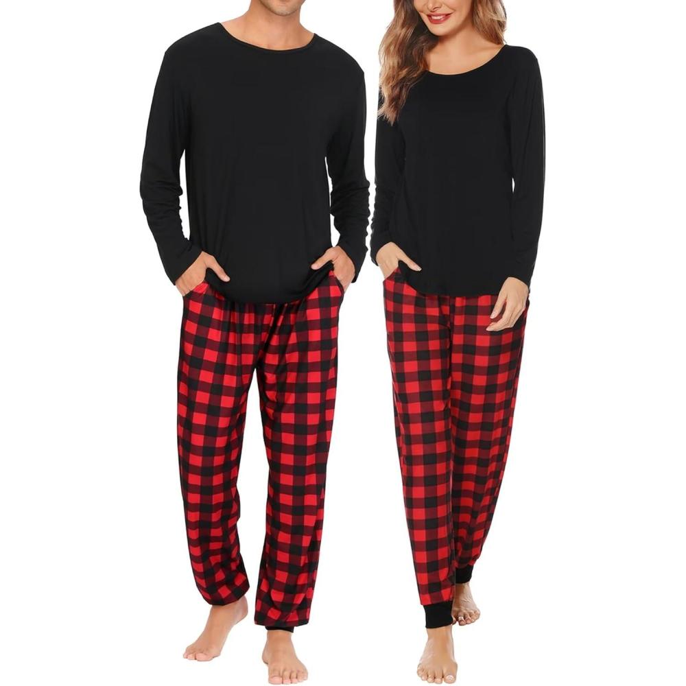imageSWOMOG Family Christmas Matching Pajamas Set WomenMen Modal Pajama 2 PCS Long Sleeve Sleepwear Sets with PocketsZ  Black