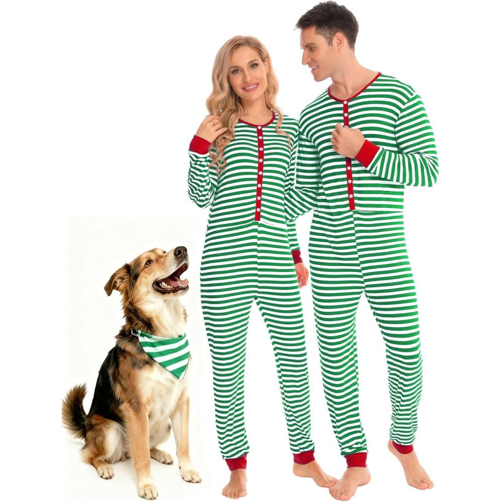 imageSWOMOG Matching Family Pajamas Sets Christmas Couple PJs Holiday Onesise Nightwear Household Sleepwear Sets with Pet bibsGreen Stripe
