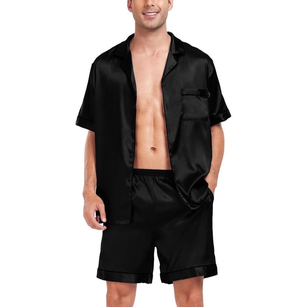 imageSWOMOG Men Satin Silk Pajamas Sets Short Sleeve Sleepwear ButtonDown PJs Sets TwoPieces Loungewear with PocketsBlack Black