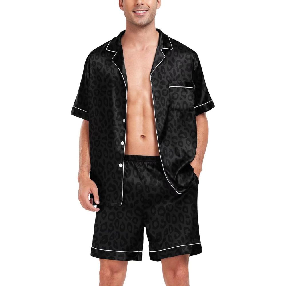imageSWOMOG Men Satin Silk Pajamas Sets Short Sleeve Sleepwear ButtonDown PJs Sets TwoPieces Loungewear with PocketsBlack Leopard Print