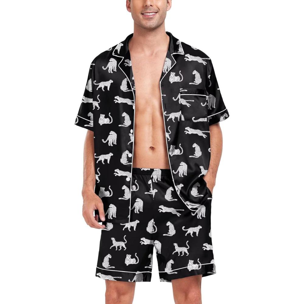 imageSWOMOG Men Satin Silk Pajamas Sets Short Sleeve Sleepwear ButtonDown PJs Sets TwoPieces Loungewear with PocketsBlack and White