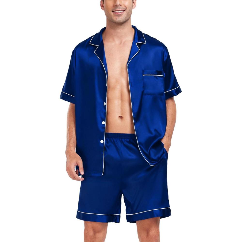 imageSWOMOG Men Satin Silk Pajamas Sets Short Sleeve Sleepwear ButtonDown PJs Sets TwoPieces Loungewear with PocketsBlue