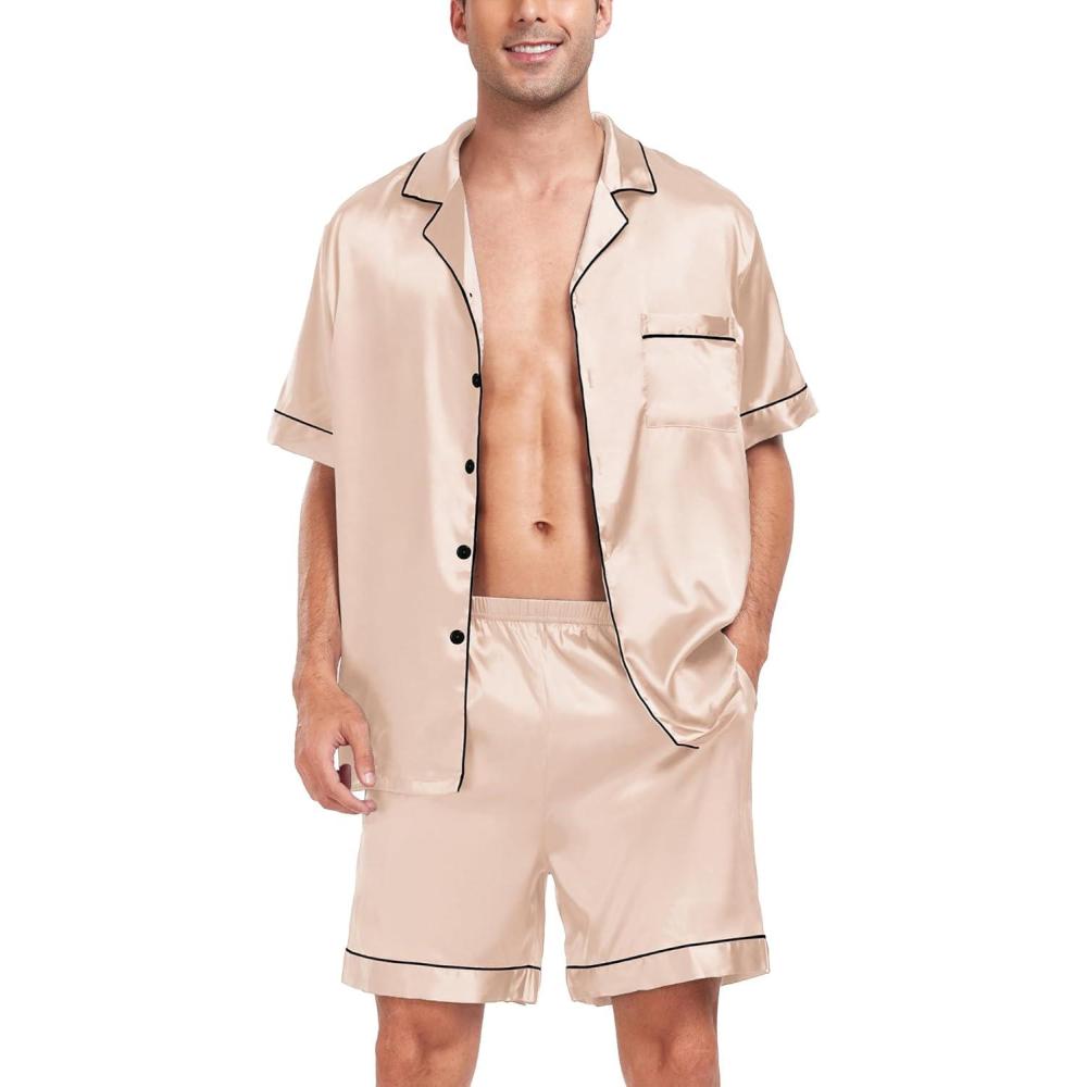 imageSWOMOG Men Satin Silk Pajamas Sets Short Sleeve Sleepwear ButtonDown PJs Sets TwoPieces Loungewear with PocketsChampagne