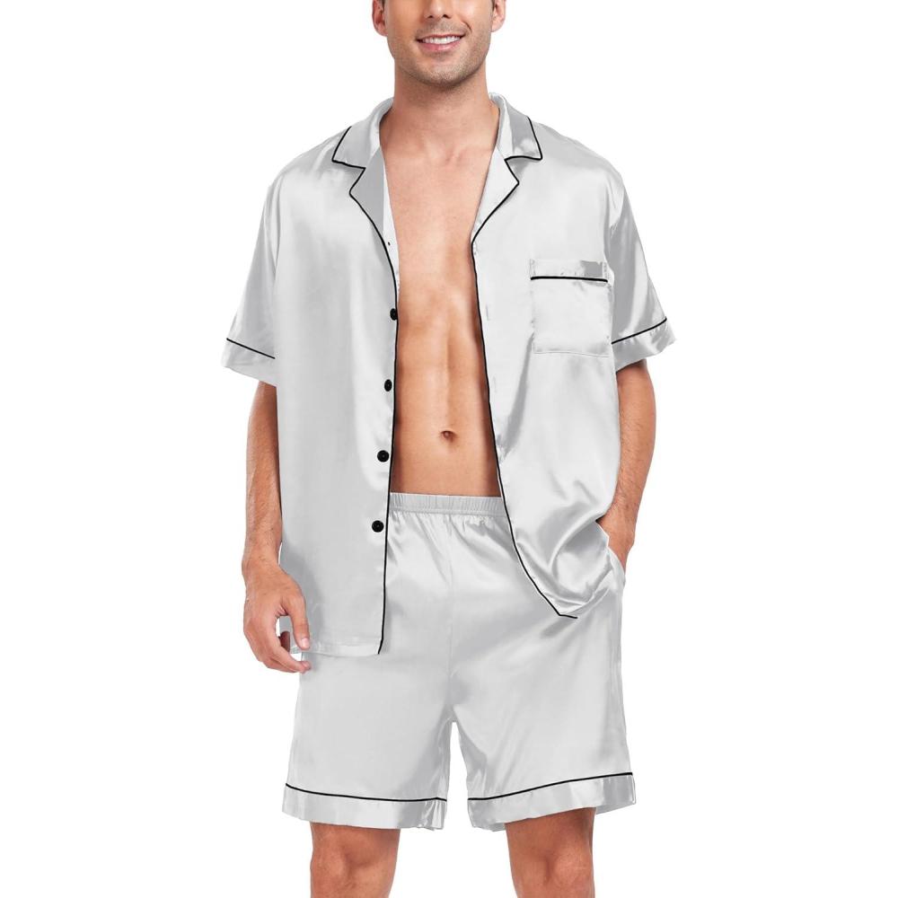imageSWOMOG Men Satin Silk Pajamas Sets Short Sleeve Sleepwear ButtonDown PJs Sets TwoPieces Loungewear with PocketsGray