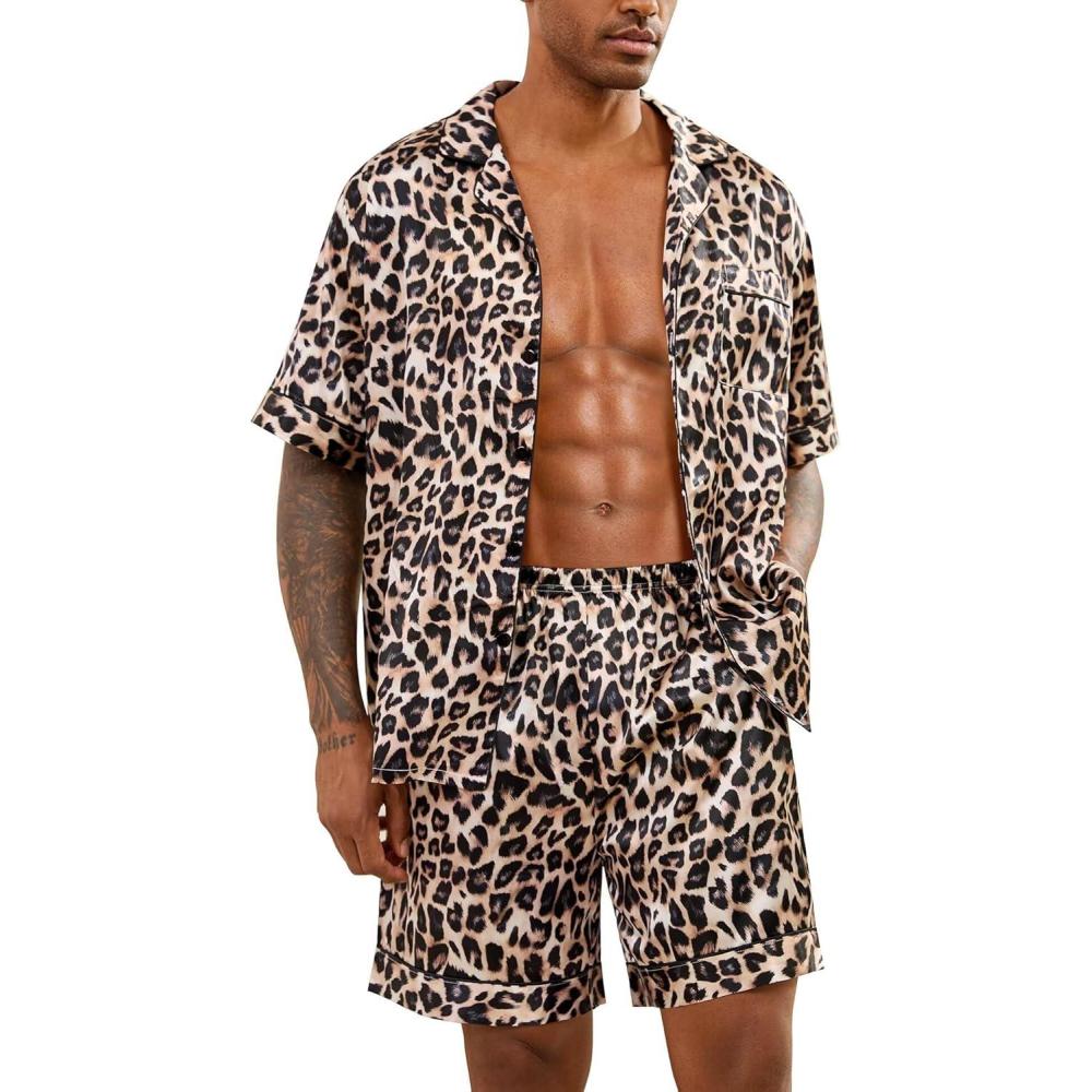 imageSWOMOG Men Satin Silk Pajamas Sets Short Sleeve Sleepwear ButtonDown PJs Sets TwoPieces Loungewear with PocketsLeopard