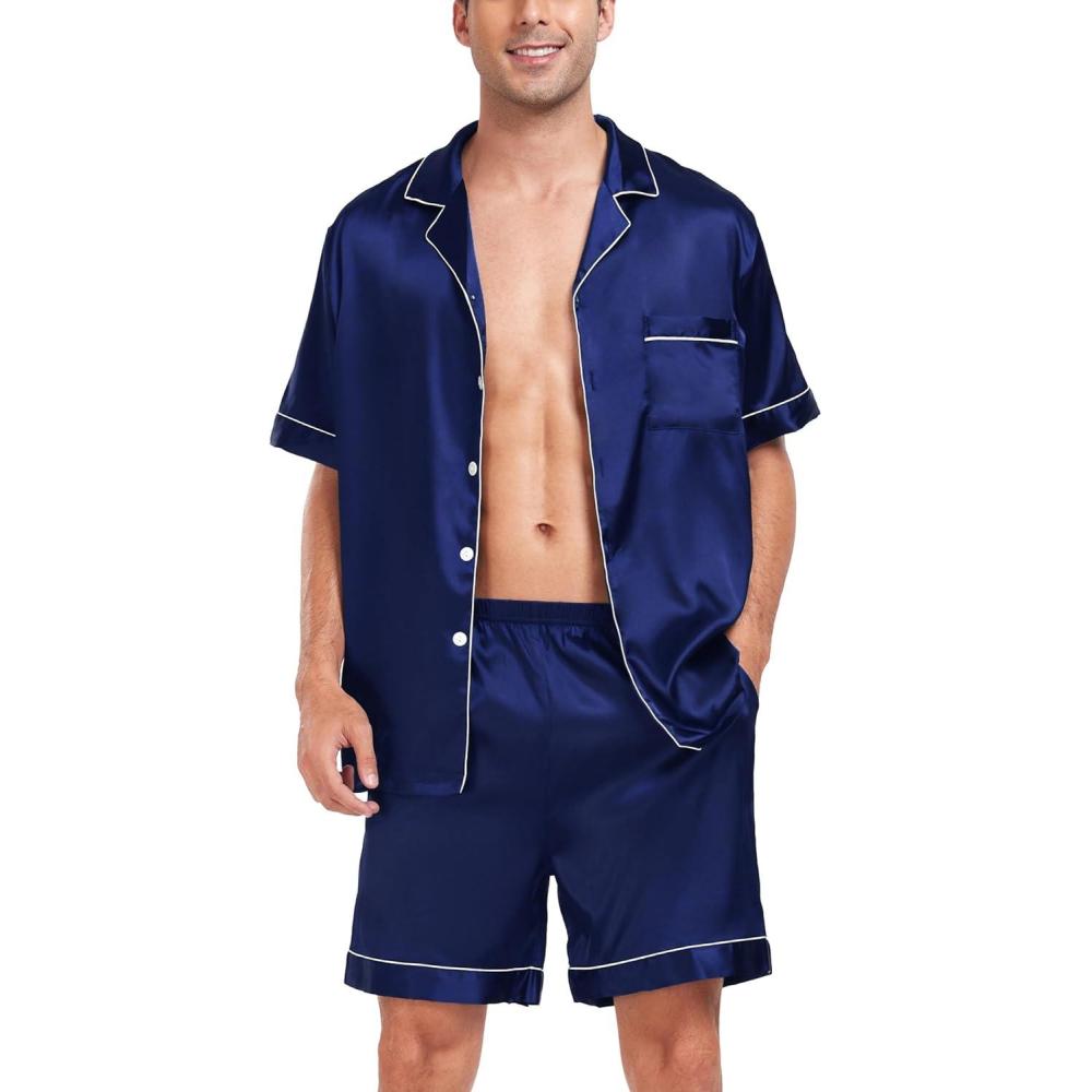imageSWOMOG Men Satin Silk Pajamas Sets Short Sleeve Sleepwear ButtonDown PJs Sets TwoPieces Loungewear with PocketsNavy Blue