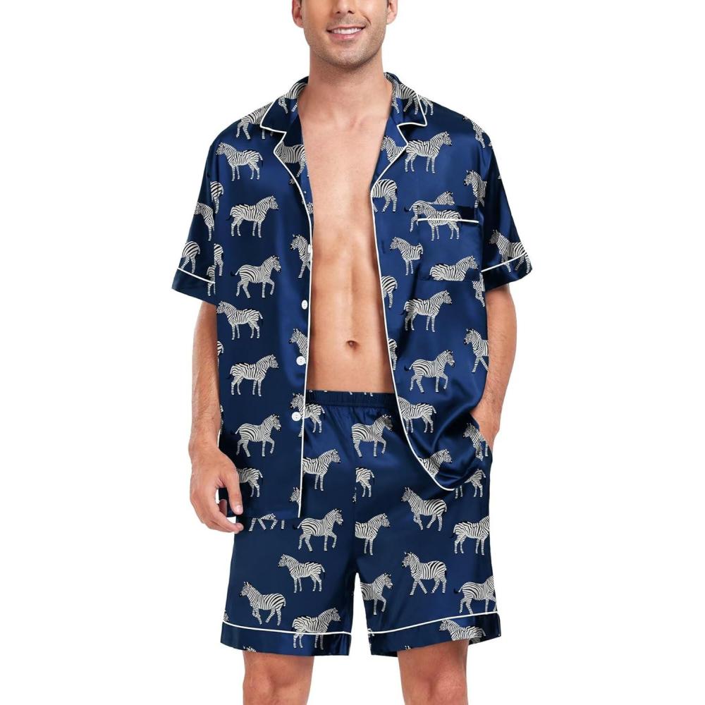 imageSWOMOG Men Satin Silk Pajamas Sets Short Sleeve Sleepwear ButtonDown PJs Sets TwoPieces Loungewear with PocketsNavy Bue Zebra