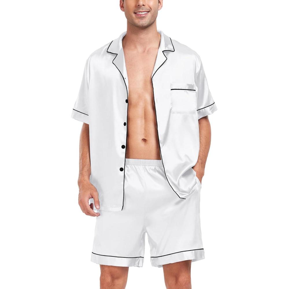 imageSWOMOG Men Satin Silk Pajamas Sets Short Sleeve Sleepwear ButtonDown PJs Sets TwoPieces Loungewear with PocketsWhite