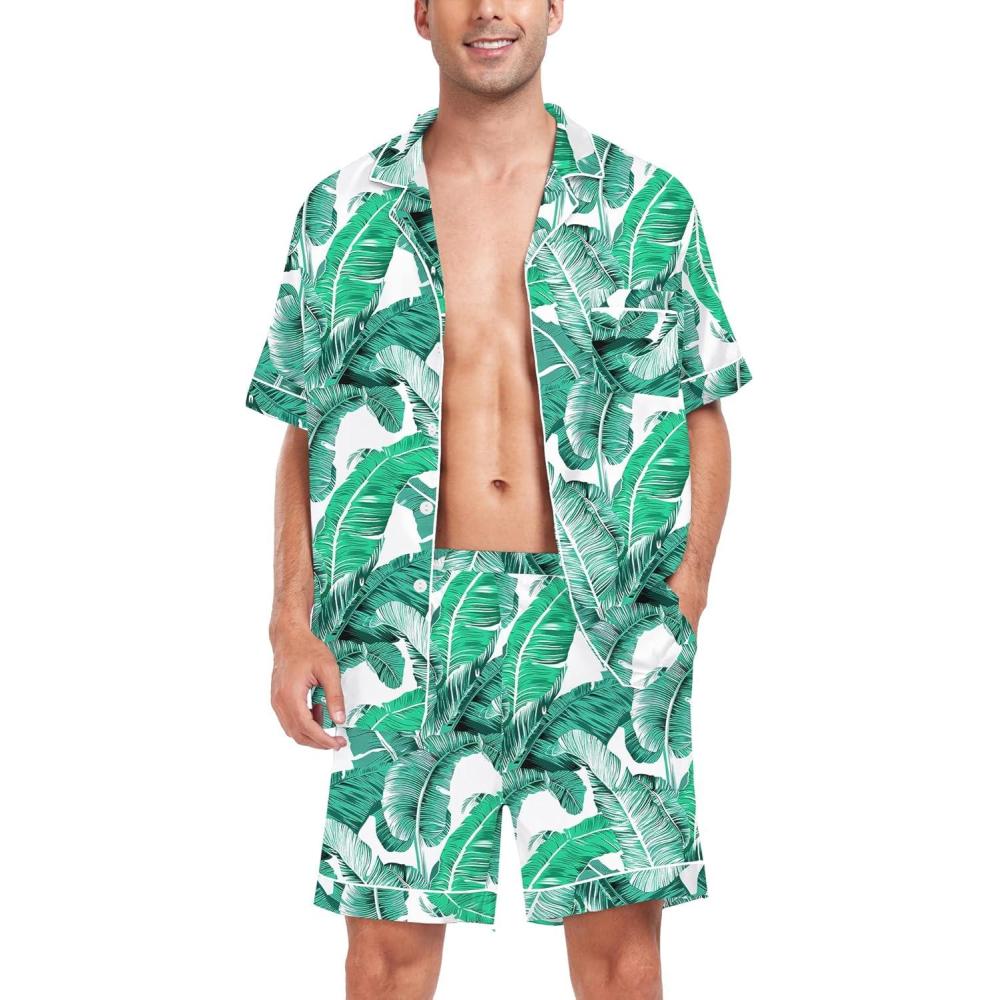 imageSWOMOG Men Satin Silk Pajamas Sets Short Sleeve Sleepwear ButtonDown PJs Sets TwoPieces Loungewear with PocketsWhite Leave