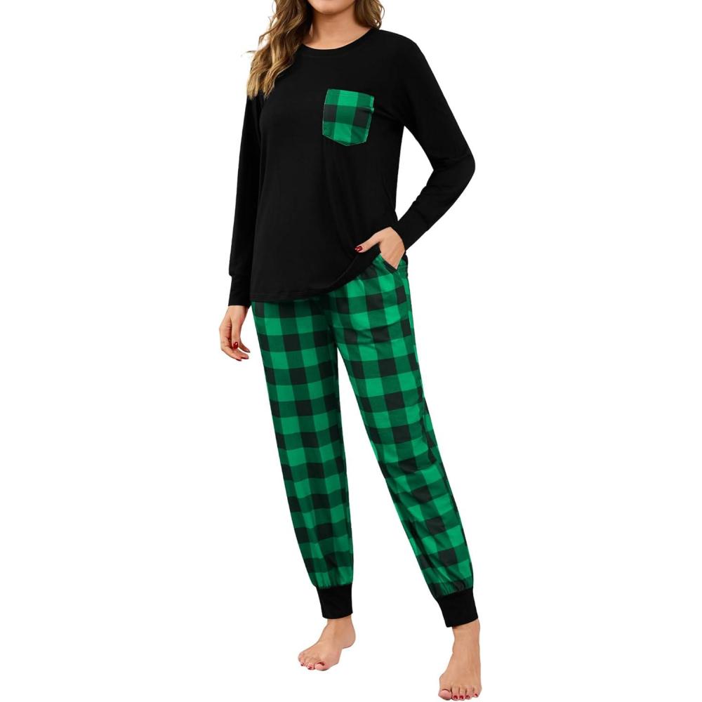 imageSWOMOG Women Christmas Pajamas Sets Buffalo Plaid Pajama Pants with Pockets Long Sleeve Tops Loungewear SetBlack Green Plaid