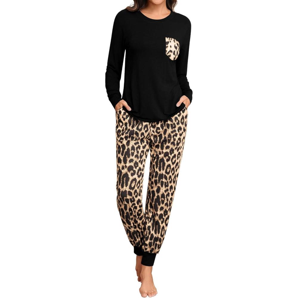 imageSWOMOG Women Christmas Pajamas Sets Buffalo Plaid Pajama Pants with Pockets Long Sleeve Tops Loungewear SetBlack Leopard