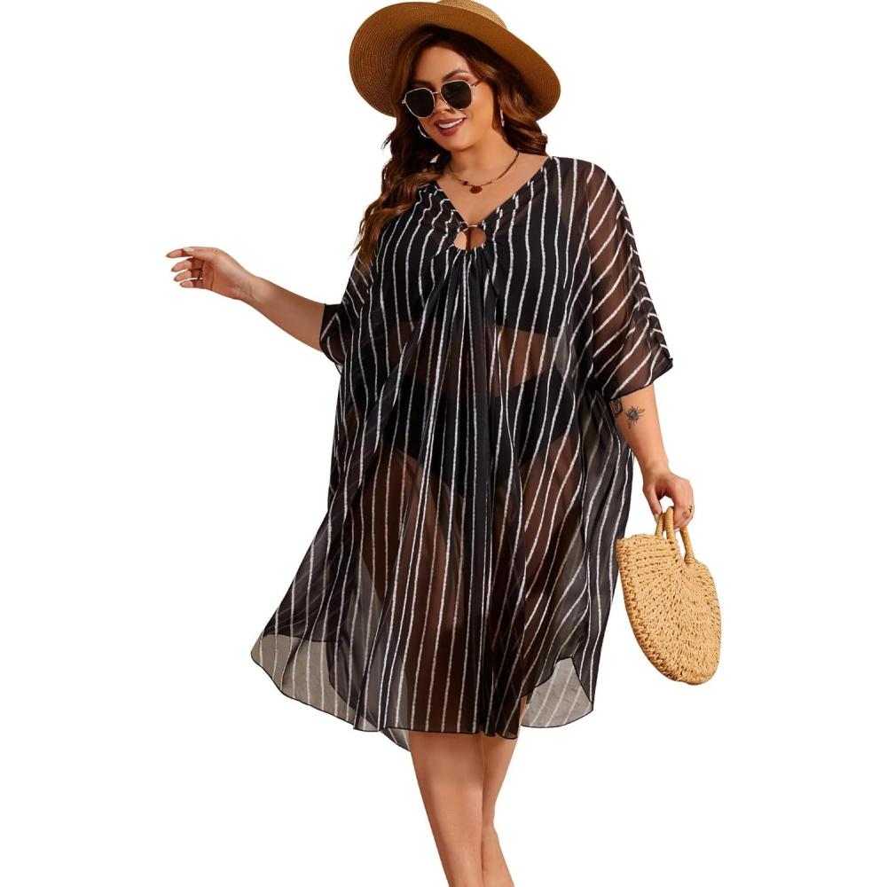 imageSWOMOG Women Plus Size Swimsuit Cover Up Sexy V Neck Bathing Suit Keyhole Swimwear Bikini Coverup Chiffon Summer BeachwearBlack Stripe