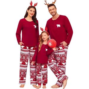 SWOMOG Family Christmas Matching Pajamas Set Women/Men Modal Pajama 2 PCS Long Sleeve Sleepwear Sets with Pockets(Red Bear)
