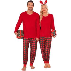 SWOMOG Family Matching Pajamas Set Christmas Plaid Pajamas for Men Women Long Sleeve Sleepwear Pjs Set(Red Green Plaid Pants（with Pockets))