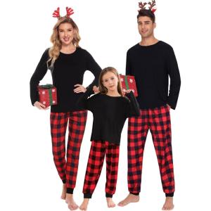 SWOMOG Family Matching Pajamas Set Christmas Plaid Pajamas for Men Women Long Sleeve Sleepwear Pjs Set(Red Plaid Pants（with Pockets))