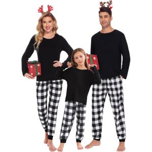 SWOMOG Family Matching Pajamas Set Christmas Plaid Pajamas for Men Women Long Sleeve Sleepwear Pjs Set(White Plaid Pants（with Pockets))