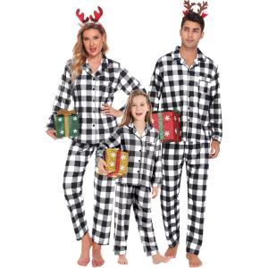 SWOMOG Family Matching Pajamas Set Christmas Plaid Pajamas for Men Women Long Sleeve Sleepwear Pjs Set(White Plaid（no Pockets))