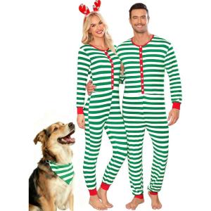SWOMOG Matching Family Pajamas Sets Christmas Couple PJ’s Holiday Onesise Nightwear Household Sleepwear Sets with Pet bibs(Green Bibs Pet)