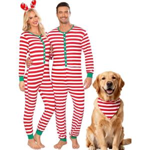 SWOMOG Matching Family Pajamas Sets Christmas Couple PJ’s Holiday Onesise Nightwear Household Sleepwear Sets with Pet bibs(Red Bibs Pet)