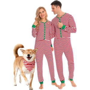 SWOMOG Matching Family Pajamas Sets Christmas Couple PJ’s Holiday Onesise Nightwear Household Sleepwear Sets with Pet bibs(Red Stripe)