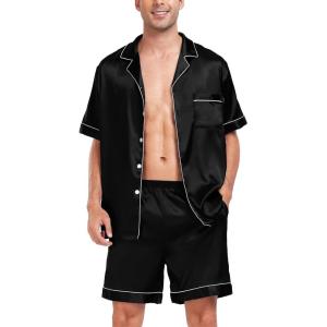 SWOMOG Men Satin Silk Pajamas Sets Short Sleeve Sleepwear Button-Down PJs Sets Two-Pieces Loungewear with Pockets(Black)