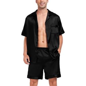 SWOMOG Men Satin Silk Pajamas Sets Short Sleeve Sleepwear Button-Down PJs Sets Two-Pieces Loungewear with Pockets(Black Black)