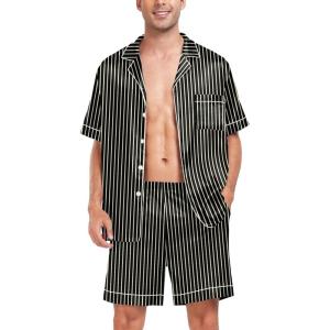 SWOMOG Men Satin Silk Pajamas Sets Short Sleeve Sleepwear Button-Down PJs Sets Two-Pieces Loungewear with Pockets(Black Stripe Gold)