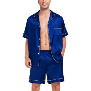 SWOMOG Men Satin Silk Pajamas Sets Short Sleeve Sleepwear Button-Down PJs Sets Two-Pieces Loungewear with Pockets(Blue)