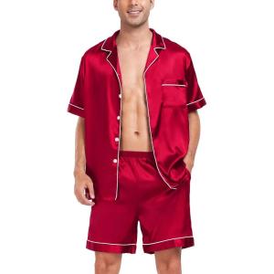 SWOMOG Men Satin Silk Pajamas Sets Short Sleeve Sleepwear Button-Down PJs Sets Two-Pieces Loungewear with Pockets(Camellia Red)