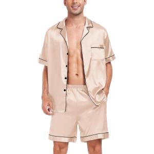 SWOMOG Men Satin Silk Pajamas Sets Short Sleeve Sleepwear Button-Down PJs Sets Two-Pieces Loungewear with Pockets(Champagne)
