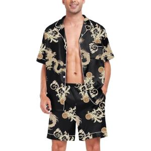 SWOMOG Men Satin Silk Pajamas Sets Short Sleeve Sleepwear Button-Down PJs Sets Two-Pieces Loungewear with Pockets(Dark Black)