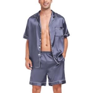 SWOMOG Men Satin Silk Pajamas Sets Short Sleeve Sleepwear Button-Down PJs Sets Two-Pieces Loungewear with Pockets(Dark Gray)