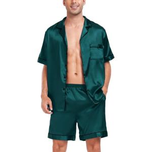SWOMOG Men Satin Silk Pajamas Sets Short Sleeve Sleepwear Button-Down PJs Sets Two-Pieces Loungewear with Pockets(Dark Green)