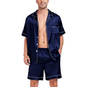 SWOMOG Men Satin Silk Pajamas Sets Short Sleeve Sleepwear Button-Down PJs Sets Two-Pieces Loungewear with Pockets(Dark Navy Blue)