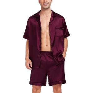 SWOMOG Men Satin Silk Pajamas Sets Short Sleeve Sleepwear Button-Down PJs Sets Two-Pieces Loungewear with Pockets(Dark Wine Red)