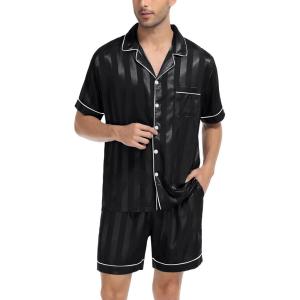 SWOMOG Men Satin Silk Pajamas Sets Short Sleeve Sleepwear Button-Down PJs Sets Two-Pieces Loungewear with Pockets(Dimblack Sriped)