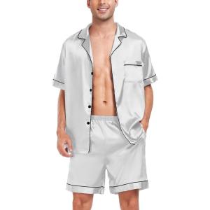 SWOMOG Men Satin Silk Pajamas Sets Short Sleeve Sleepwear Button-Down PJs Sets Two-Pieces Loungewear with Pockets(Gray)